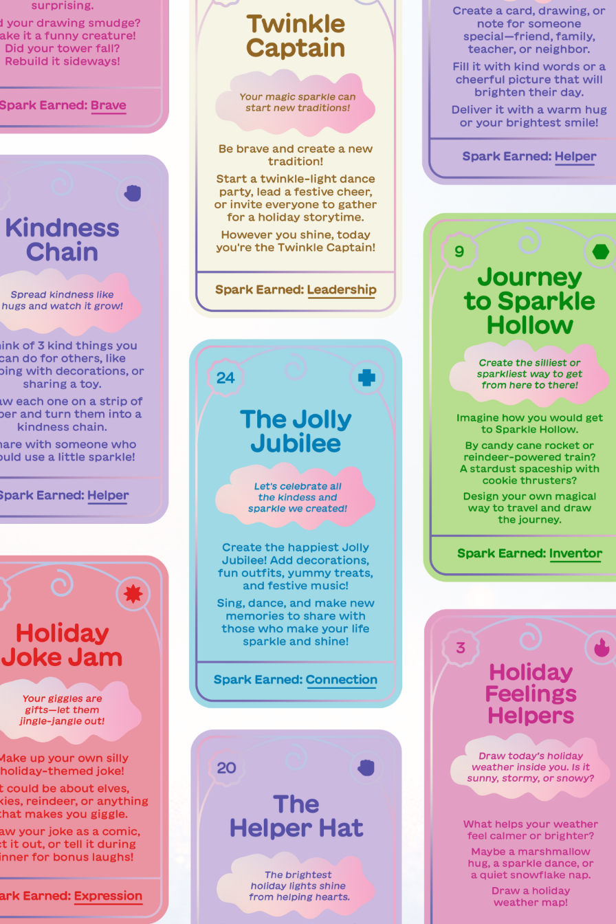 Card detail with imaginative activity prompt for kids holiday creativity